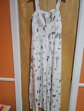 White Illustrated Maxi Dress with Beach Motif